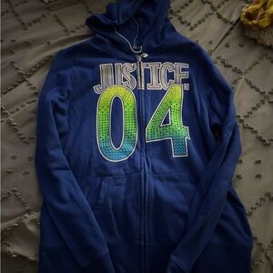 Justice Blue Zip-Up Hoodie with Green and Blue Accents